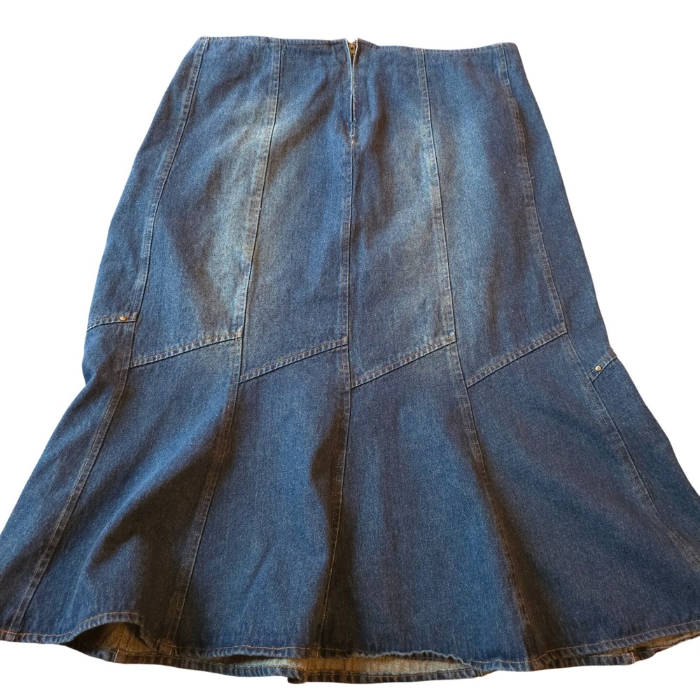Y2K Studded Denim 12 Midi Skirt A-Line Panel Detail Distressed Street Edge Rock‎ - Picture 2 of 9